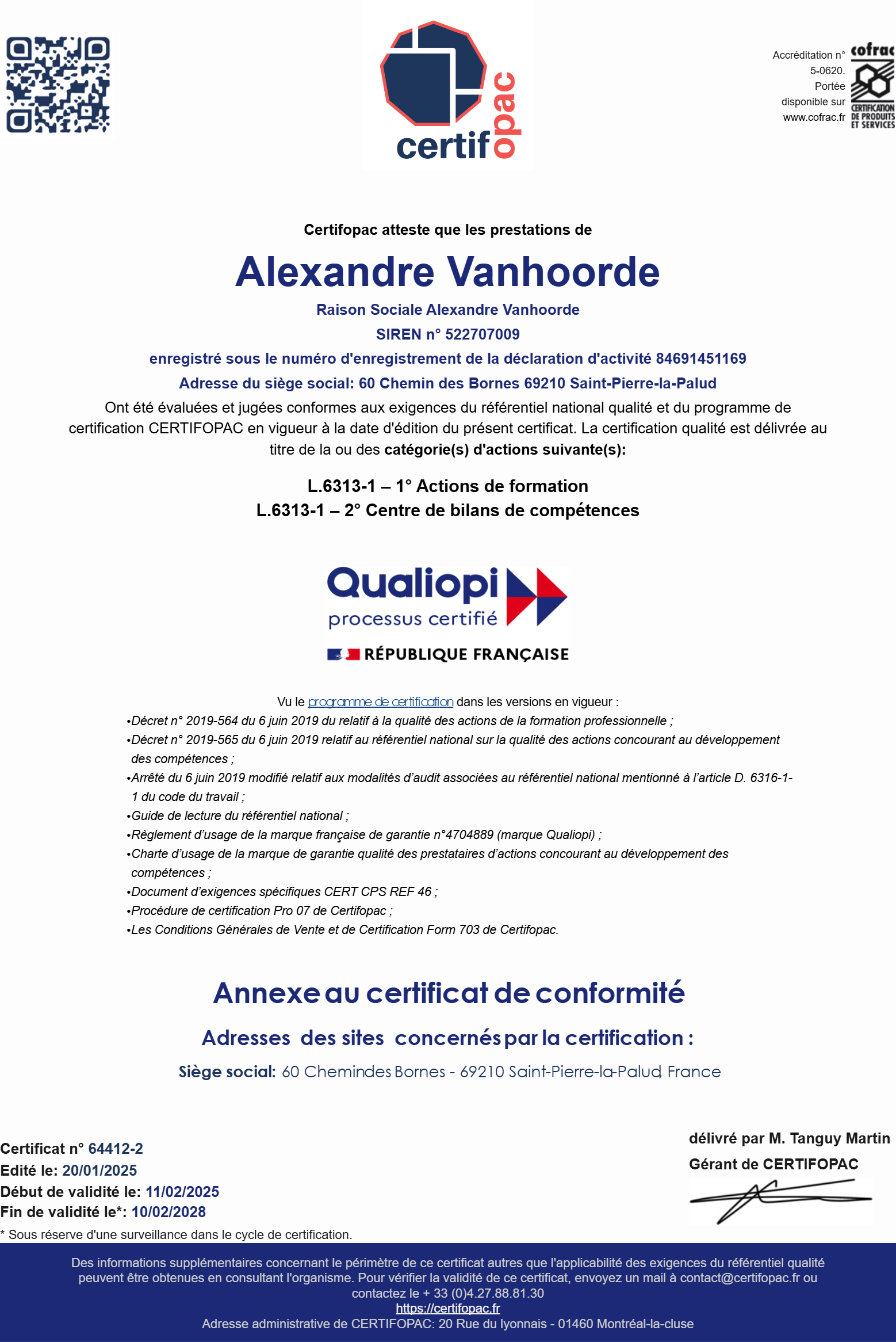 Certificat Qualiopi n° 64412-2 – AV Formation